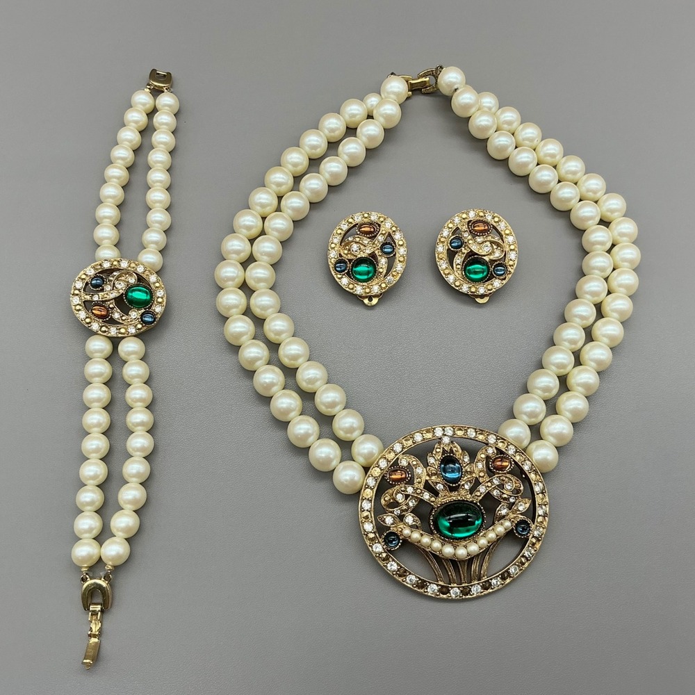 Richelieu Jewelry Set Women Cream Faux Pearl Cabochon Rhinestone Vintage 16 Inch